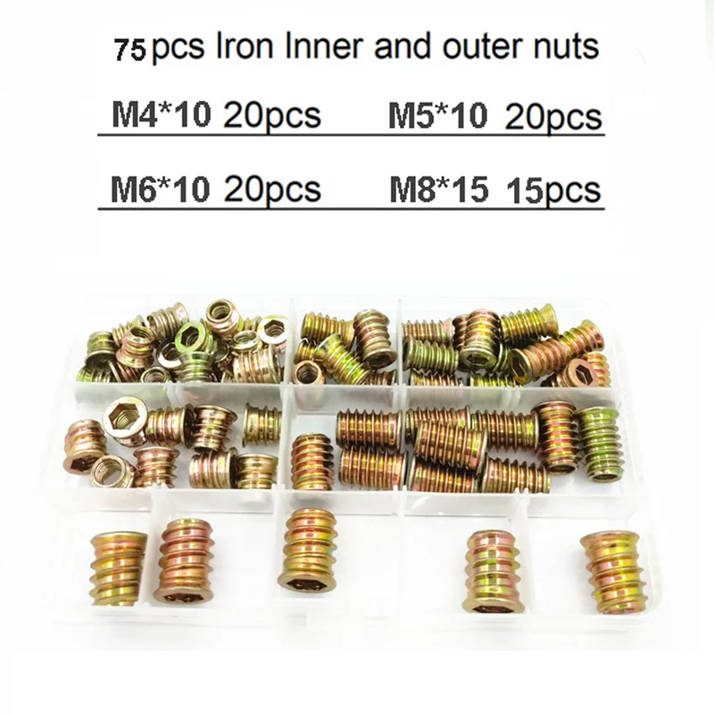 

75 шт., мебельные встроенные гайки, оцинкованные шестигранные торцевые гайки, резьбовые вставки, гайки, фланцевые шестигранные гайки для деревообработки M4 M5 M6 M8