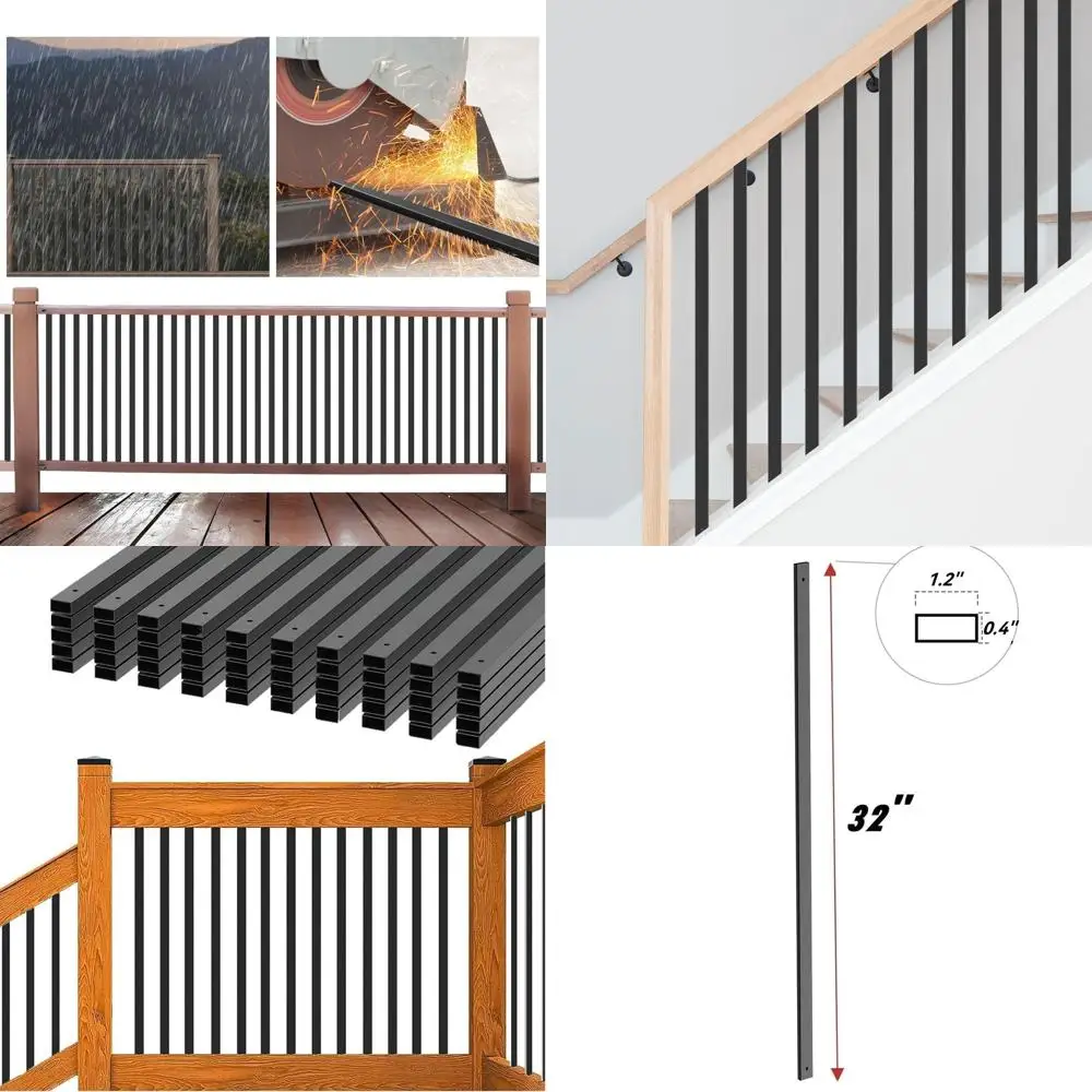 32 Black Metal Hollow Rectangle Deck Balusters, 51-Pack for Stair Railing and Porch, 1.2x0.4 Inch