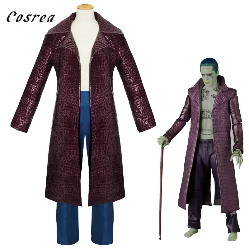 新しい 2025 メンズジョーカーコスプレ衣装トレンチコート紫色のジャケットジャレッドレトピエロシャツグリーンかつらハロウィンパーティー eqs9X