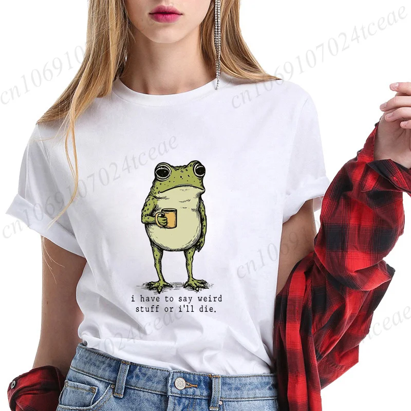Women's T-shirt Frog Drinking Coffee Print Summer Fashion T-shirt Casual O-neck Tshirt Short Sleeve Tees Sarcastic Humor Tops