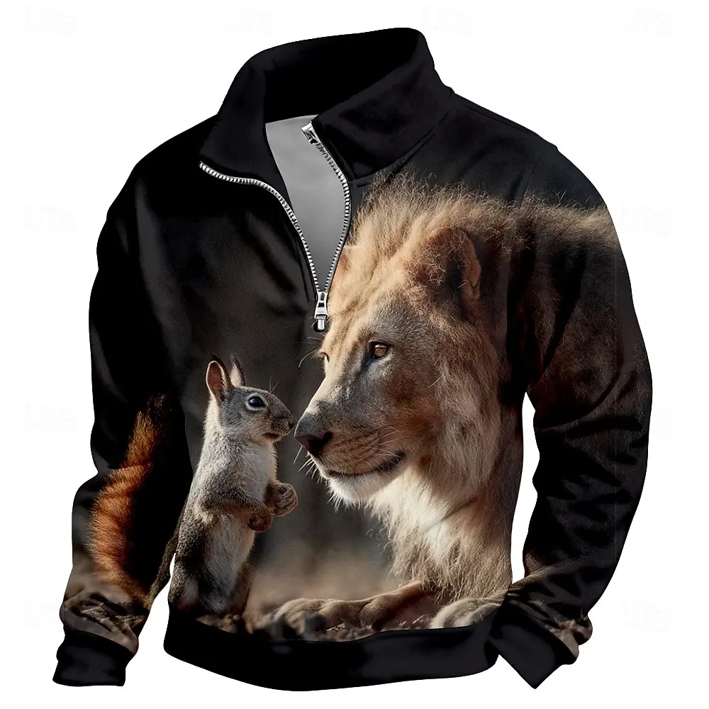 

Vintage Animal Graphic Men's Zipper Sweatshirt 3D Printed Retro Lion Pattern Long Sleeve Pullover Fashion Loose Half Zip Clothes