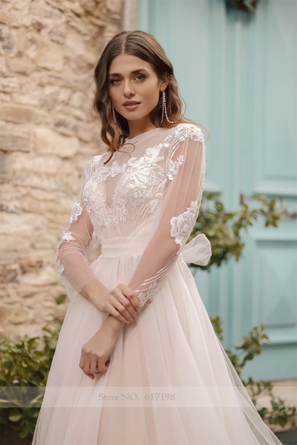 Robe de mariée en tulle avec appliques en dentelle à col rond pour les patients, manches longues icidaires, robe trapèze, robes de soirée modestes, fête de mariage, cour