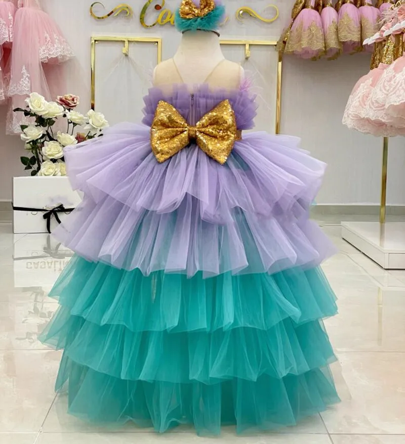 Vestido de flores lilás Aqua menina, laço de lantejoulas, tule, pena, casamento, vestido de festa, concurso infantil, vestido de baile em camadas, moda infantil