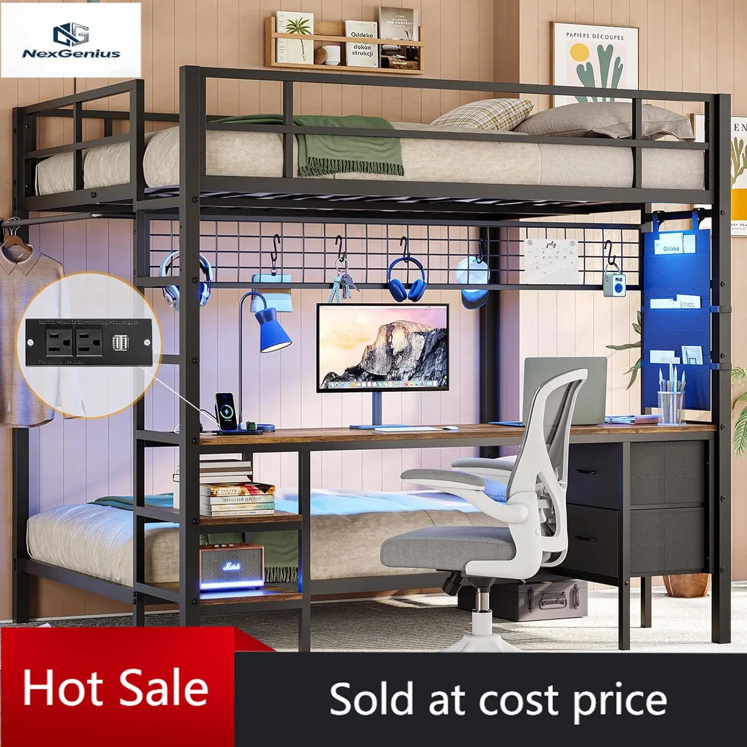 DICTAC Full Over Twin Bunk Bed with Desk and Charging Station Metal Full Over Twin Size Bunk Bed with Led Lights,Storage Shelves