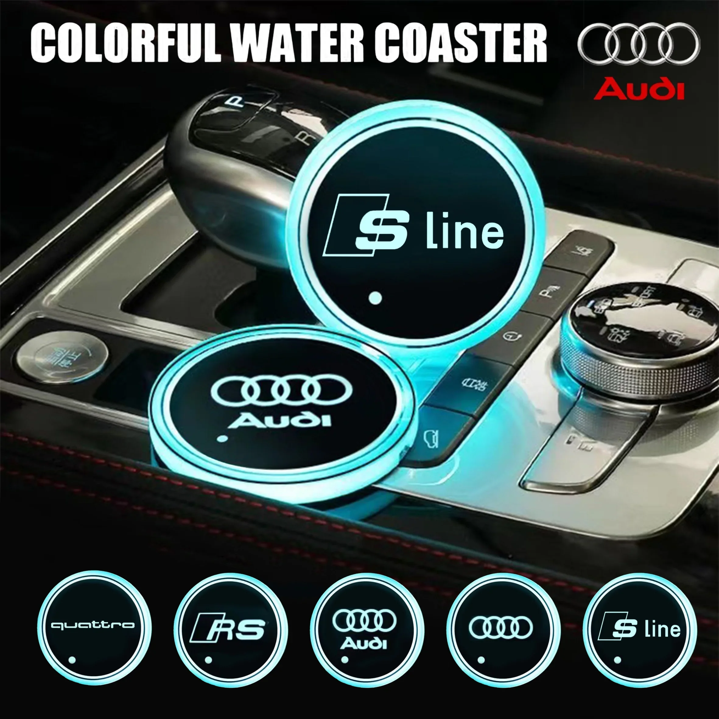 2Pcs LED Car Luminous Coaster Cup Holder Anti-slip Mat for Audi A1 A3 A4 A5 A6 A7 A8 Q2 Q3 Q5 Q7 TT S line S3 S4 S5 S6 R8 RS RS7