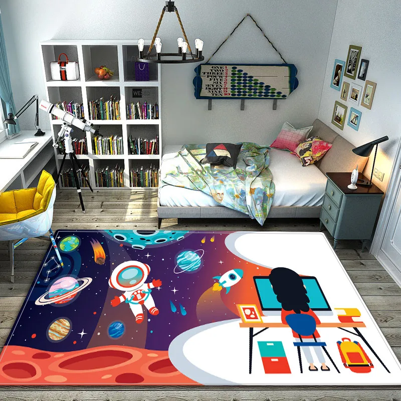 Cartoon Astronaut Carpet Outer Space Universe Planet Area Rug for Kids Boy Playroom Classroom Living Room Decor Non-slip Doormat