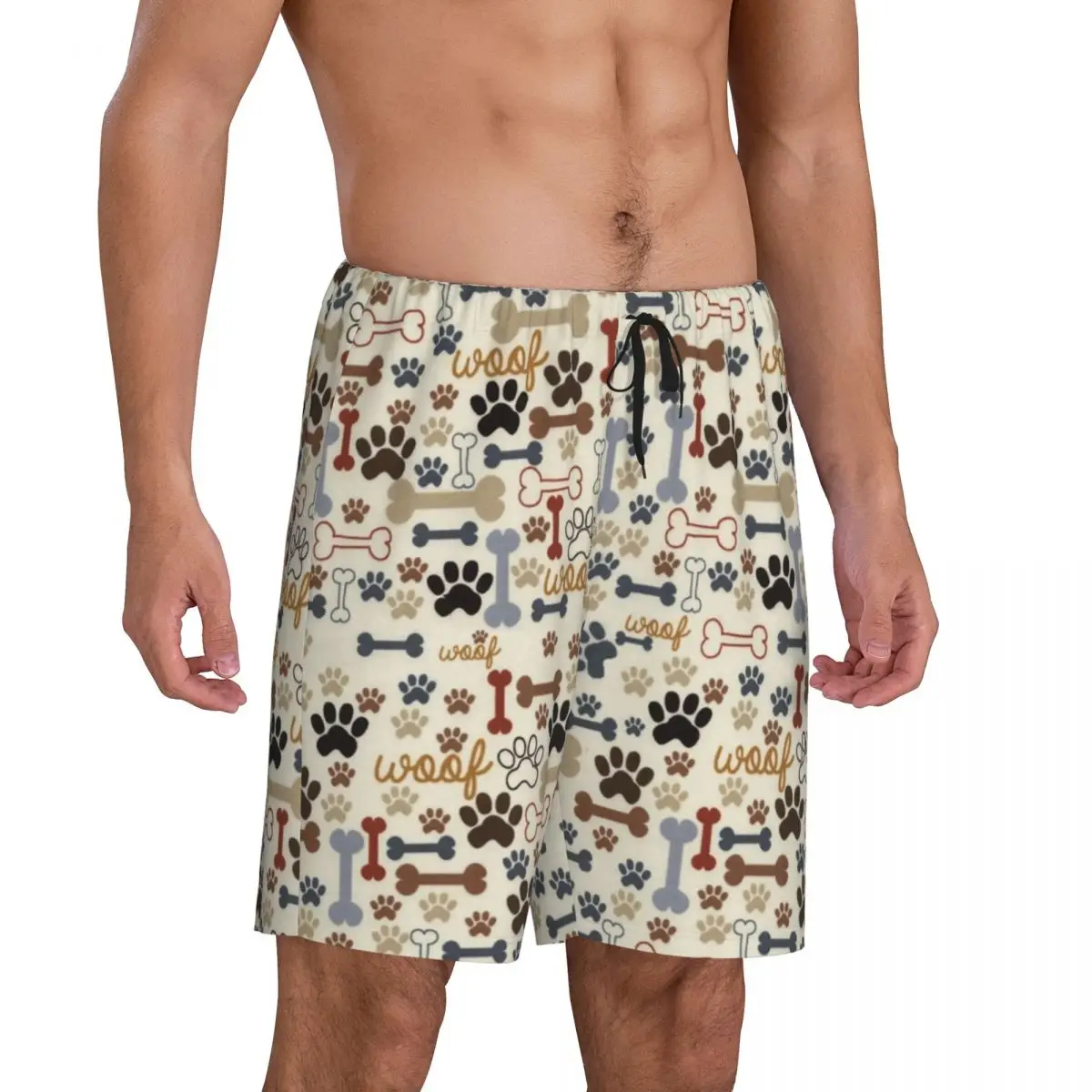 Custom Print Men Dog Bones And Paw Prints Pattern Pajama Bottoms Sleepwear Pjs Sleep Shorts with Pockets