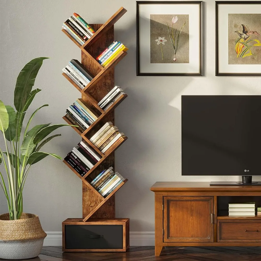 Estantería esquinera de madera de 9 niveles con cajón para almacenamiento de CD, películas y libros