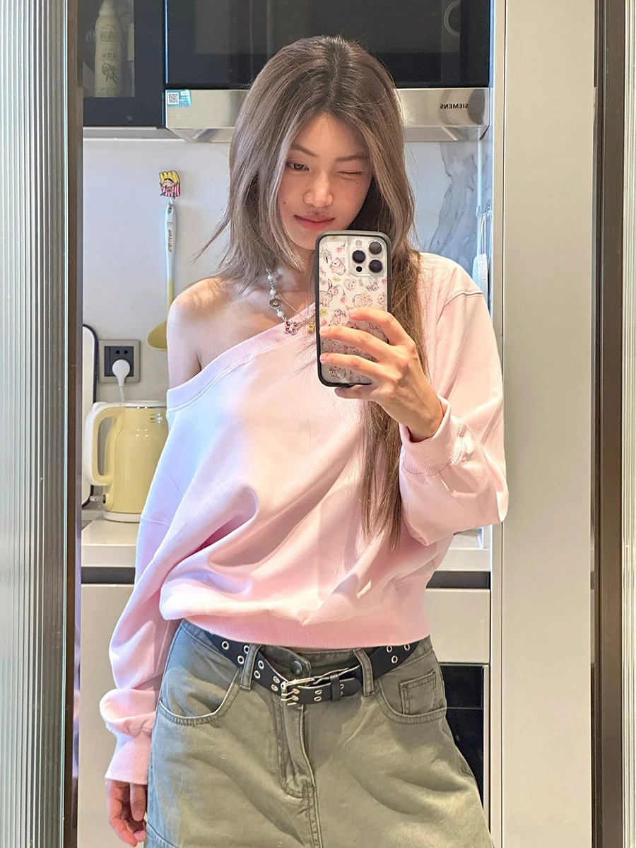 

Розовые простые короткие толстовки женские осенние сексуальные укороченные топы с вырезом и длинными рукавами женские повседневные универсальные милые спортивные толстовки