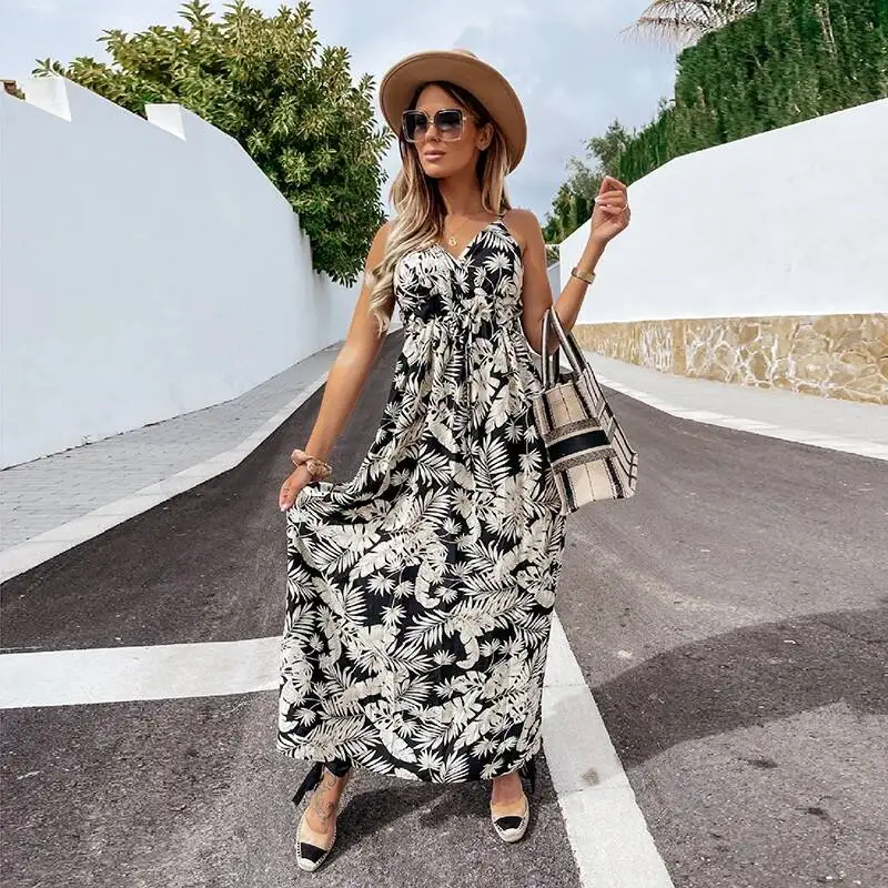 Đời Boho Gợi Cảm Hoa Đầm Maxi Mùa Hè Vintage Cổ Sundress Bãi Biển Nữ ĐầM Midi Nút Hở Lưng Chấm Bi Sọc Nữ