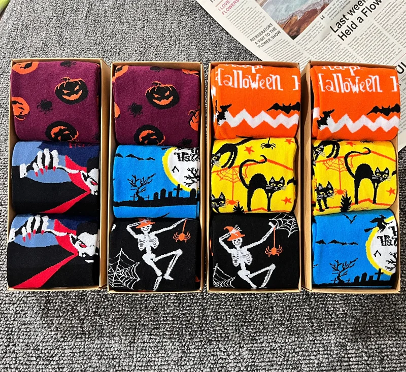 Gift Box Set - 3 Pairs of Unisex Halloween Socks with Harajuku Monster Design