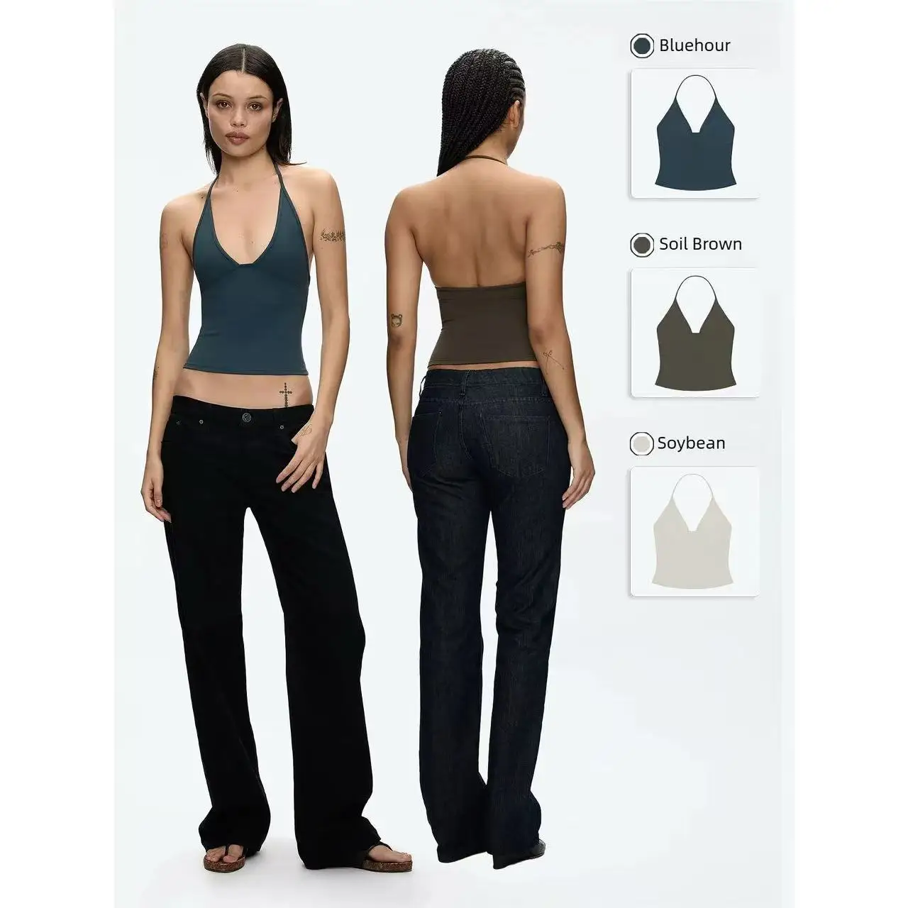 Tank 26SS New Color Triangle Cup Halter Neck Top, Soybean Color, Brown, Deep V-Neck, Backless Top
