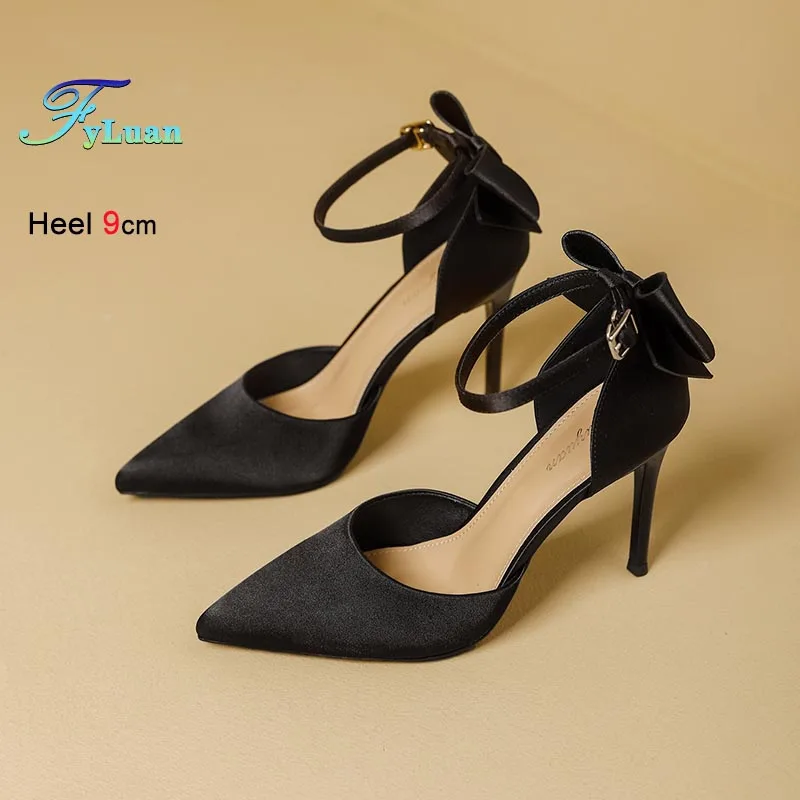 

Fashion 9CM High Heels Women's Sandals Sexy Satin Stiletto One Word Strap Bowknot Decoration Pointed Toe Sandals Nightclub Shoes