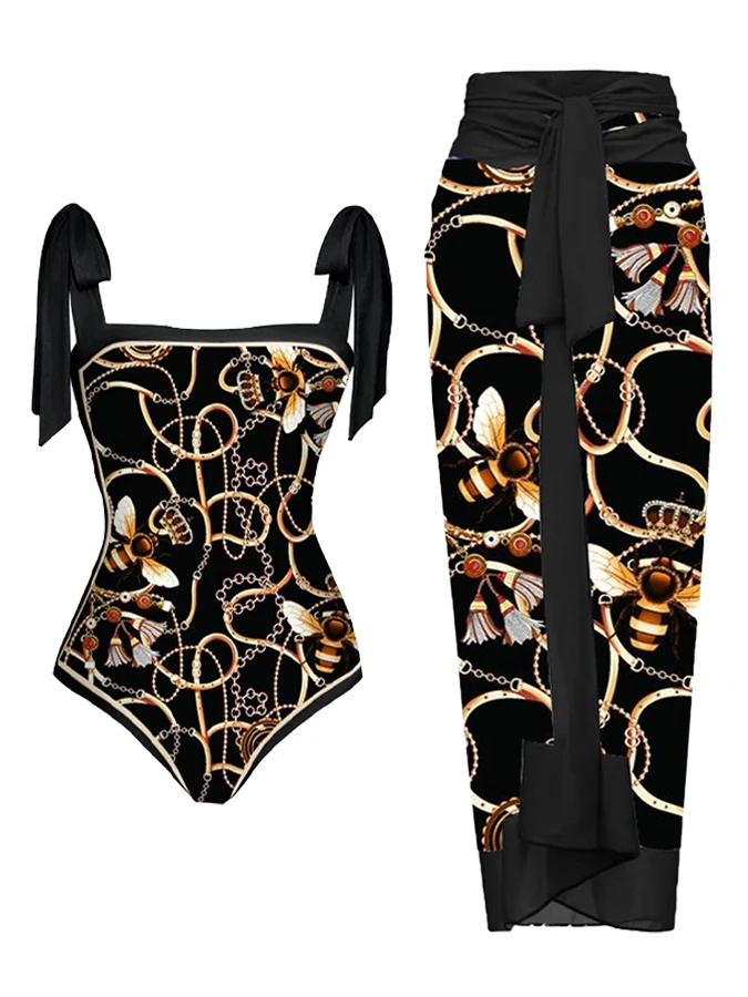 Stylish Black Cute Bee Print Gold Beautiful Lace Design  One Piece Two-sided Women's Summer Swimsuit And Singing Cover Up 2024