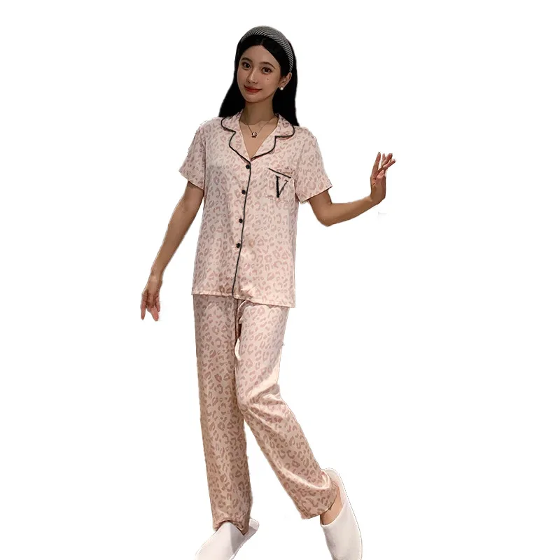 Instagram High Beauty Girl Homewear Spring Pink Leopard Pattern Short Sleeved Long Pants Pajama Fashion Girl\'s Sleepwear Leisure