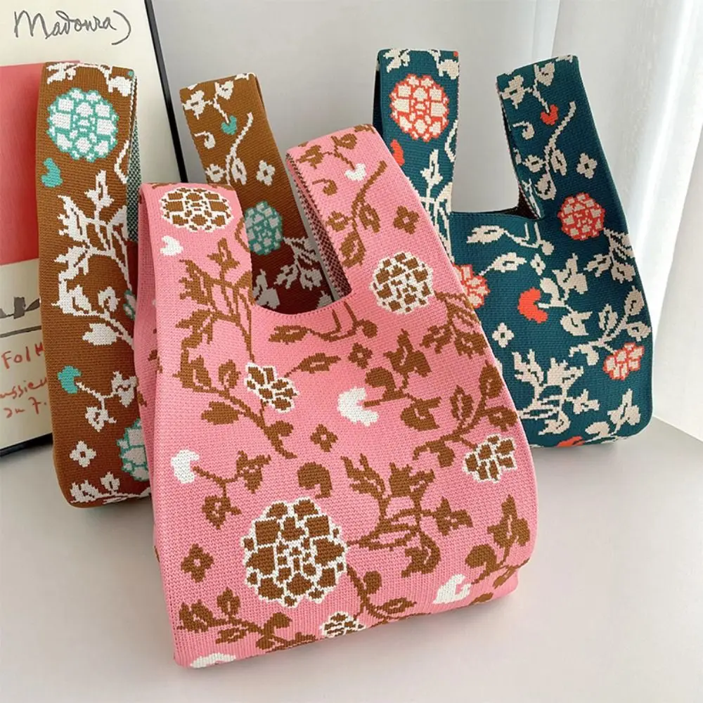 Japanese Mini Portable Knot Wrist Bag Women Top Handle Bag Simple Floral Purse Handbags Waterproof Shopping Bag Phone Key Pouch