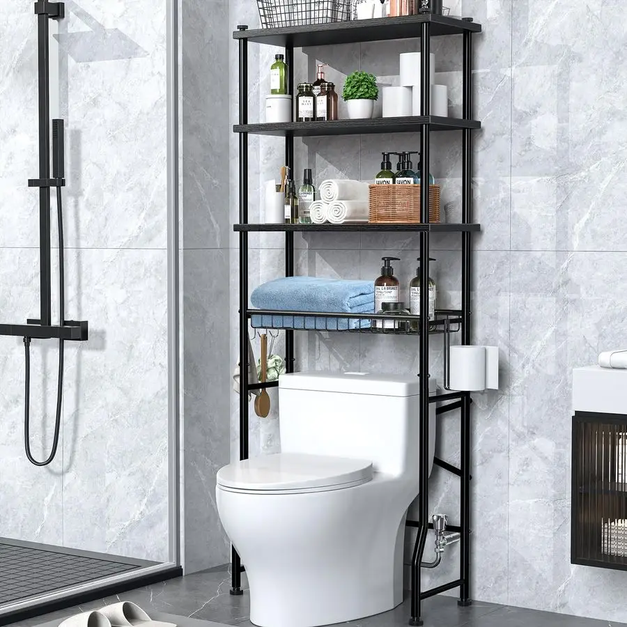 

OverTheToilet Storage Rack, Bathroom Organizer Shelf Over Toilet with Shelf Waterproof Feet Pad and Basket, Multifunctional Spa
