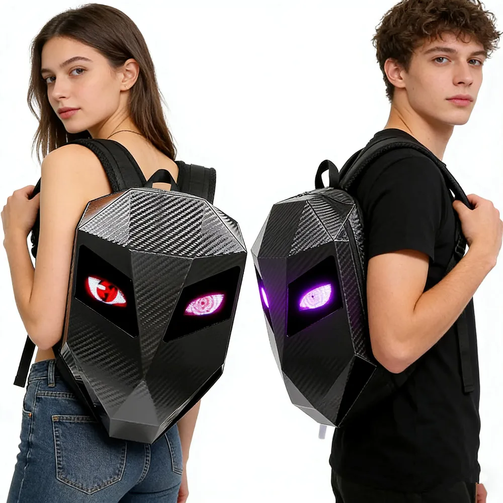 LED Motorcycle Backpack Eyes Glow pattern carbon fiber texture helmet locomotive bag school bag Moto Laptop backpacks