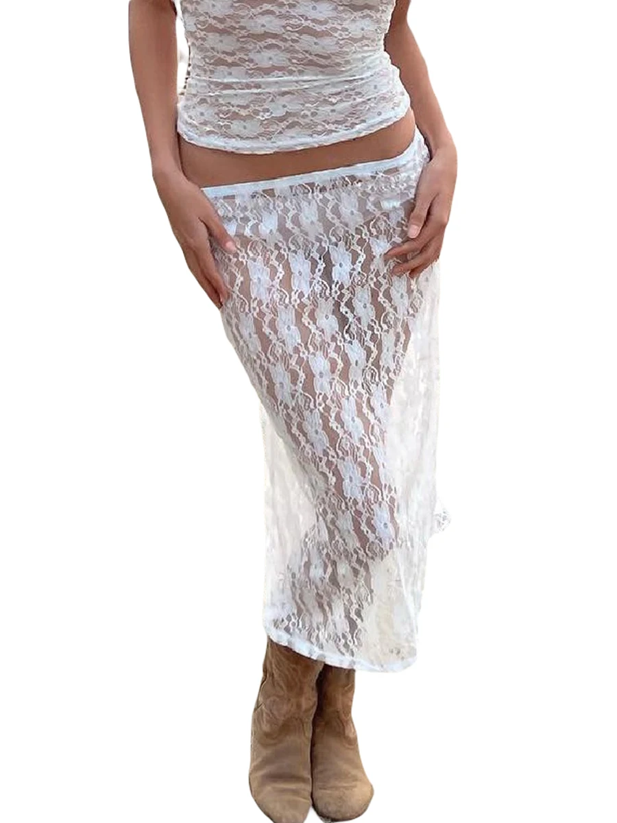 

Women White Floral Lace Midi Skirts Y2k Fairy Grunge Bodycon Half Skirt E-Girls See-Through Wrapped Long Skirt