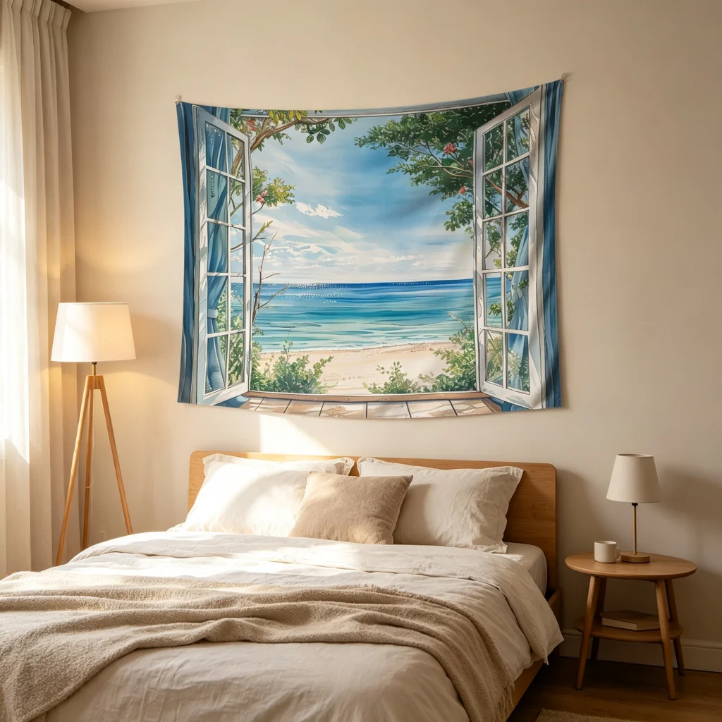 1PC Window Ocean View Print Backdrop Banner, Bedroom Living Room Photo Background, Polyester Wall Hanging, Home Decor, Wall Art