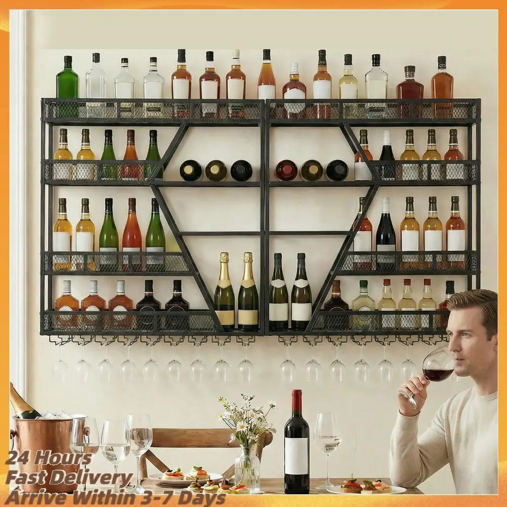 

Настенная металлическая полка для вина на 3/4 уровня с держателями для бутылок и подставкой для бокалов для кухни, столовой, домашнего декора