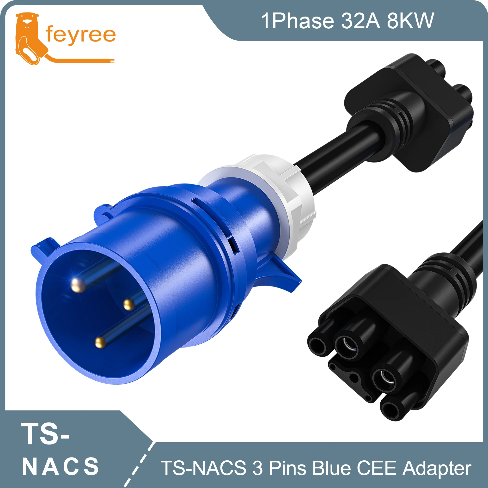 

Feyree For TS-NACS 3 pin Blue CEE Adapter NACS Model S,3,X,Y Gen 2 EV Charger Extension Cord Connector 240V Outlet at 32A 10Inch