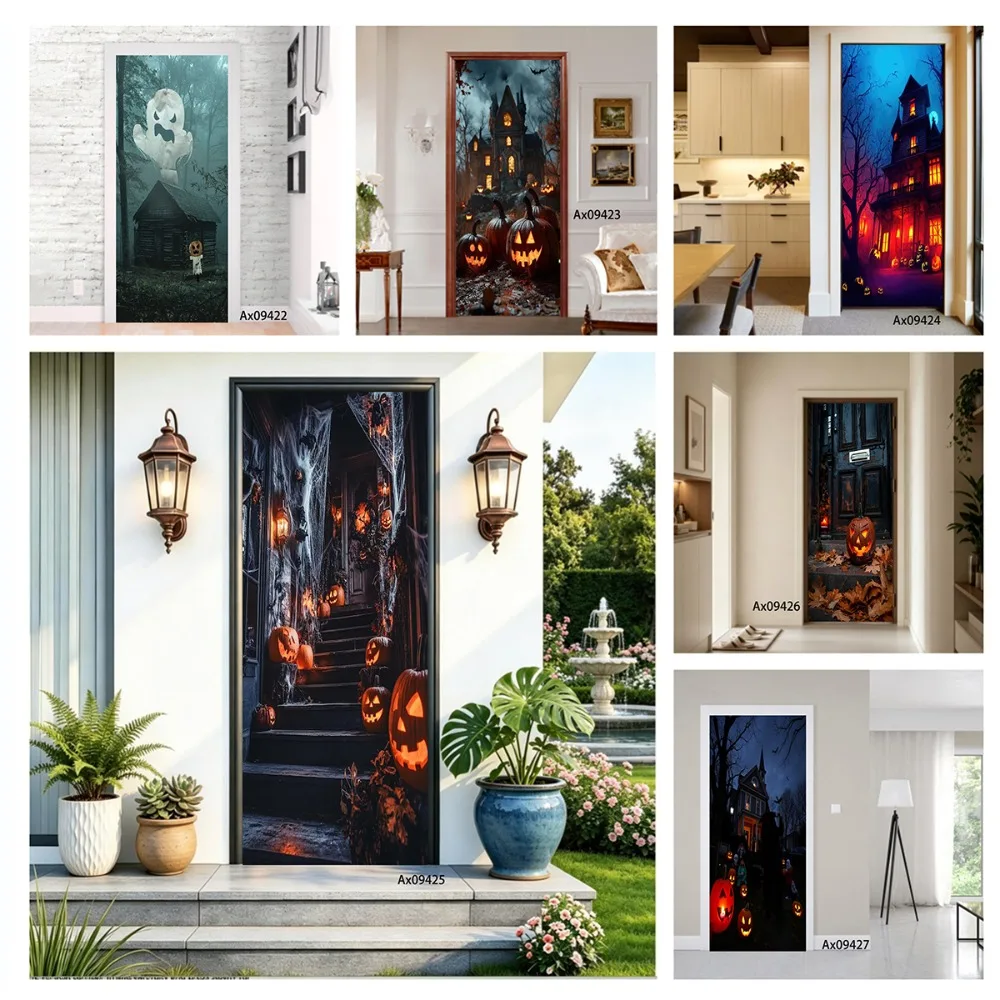 Spooky Ghost Pumpkin Haunted House Door Sticker Art WrapWaterproof Aesthetic Vinyl Sticker for Kitchen Refrigerator Decor Crafts