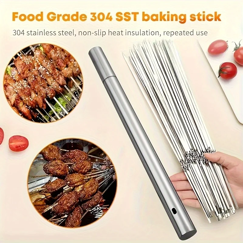 50pcs Premium Silver Grey Stainless Steel BBQ Grill Sticks with Storage Tube - Durable, Heat Resistant, Easy to Store and Carry,