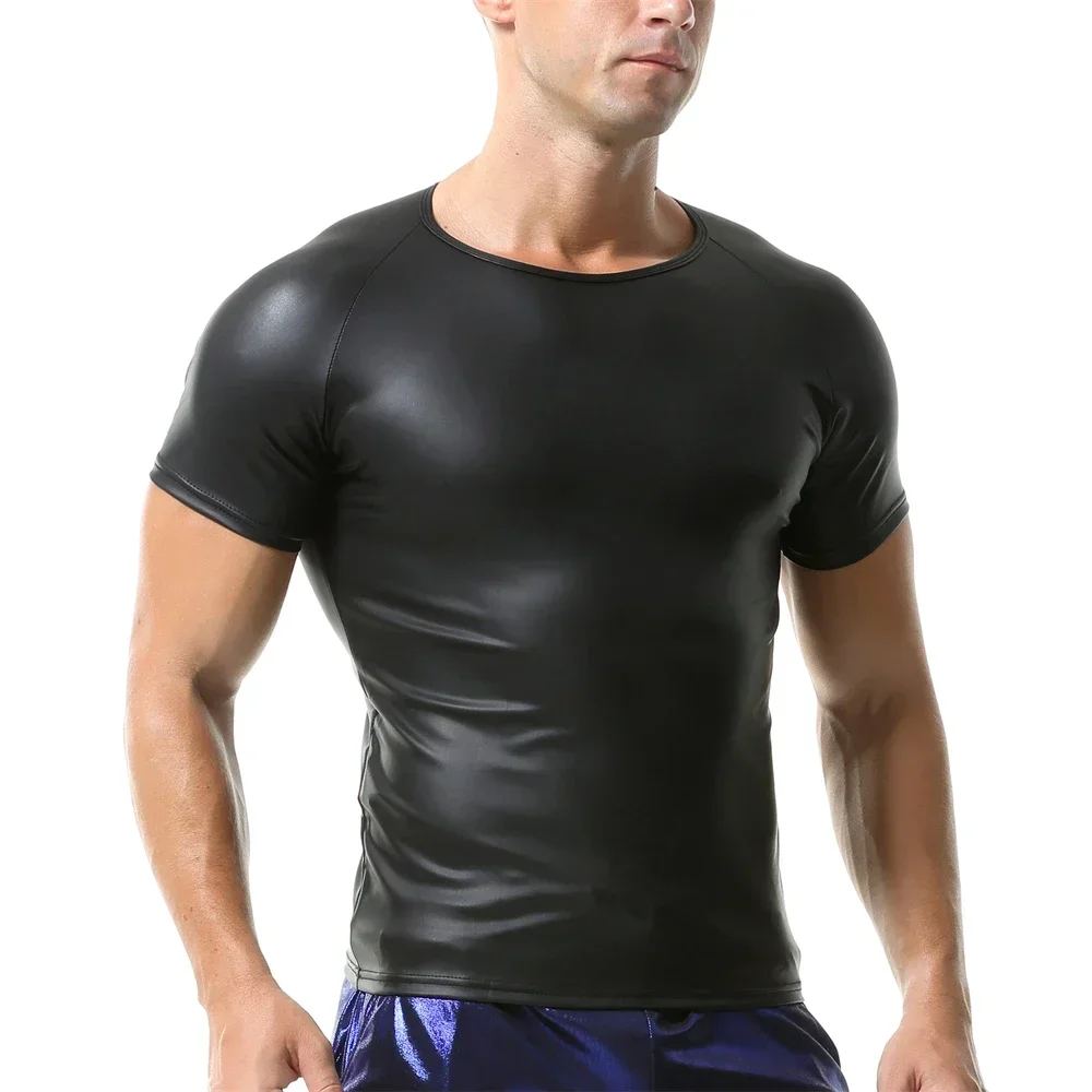 Men's Black Faux Leather Short Sleeve Round Neck T-shirts Dance Clubwear Slim Bar Stage Tees Stretchy Muscle Tops Undershirts