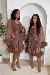 Brown 2 Pieces Wedding Maternity Dress Photography Full Sleeves Short Mini Bride Robe Ruffles Wedding Prom Gowns Customized