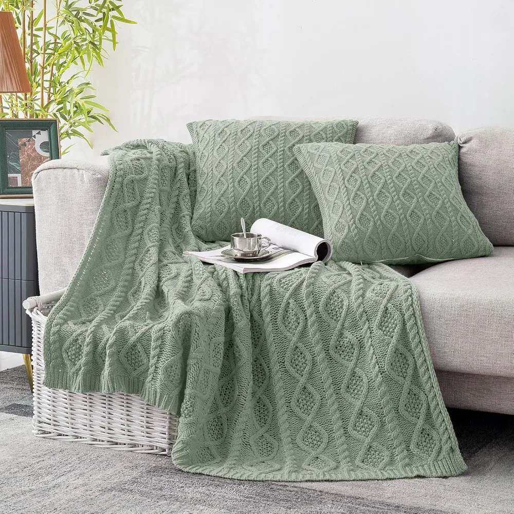 

Cozy Cable Knit Throw and Pillow Set in Sage Green - Includes 50x60 Throw and Two 18x18 Pillow Covers by Soft & Co