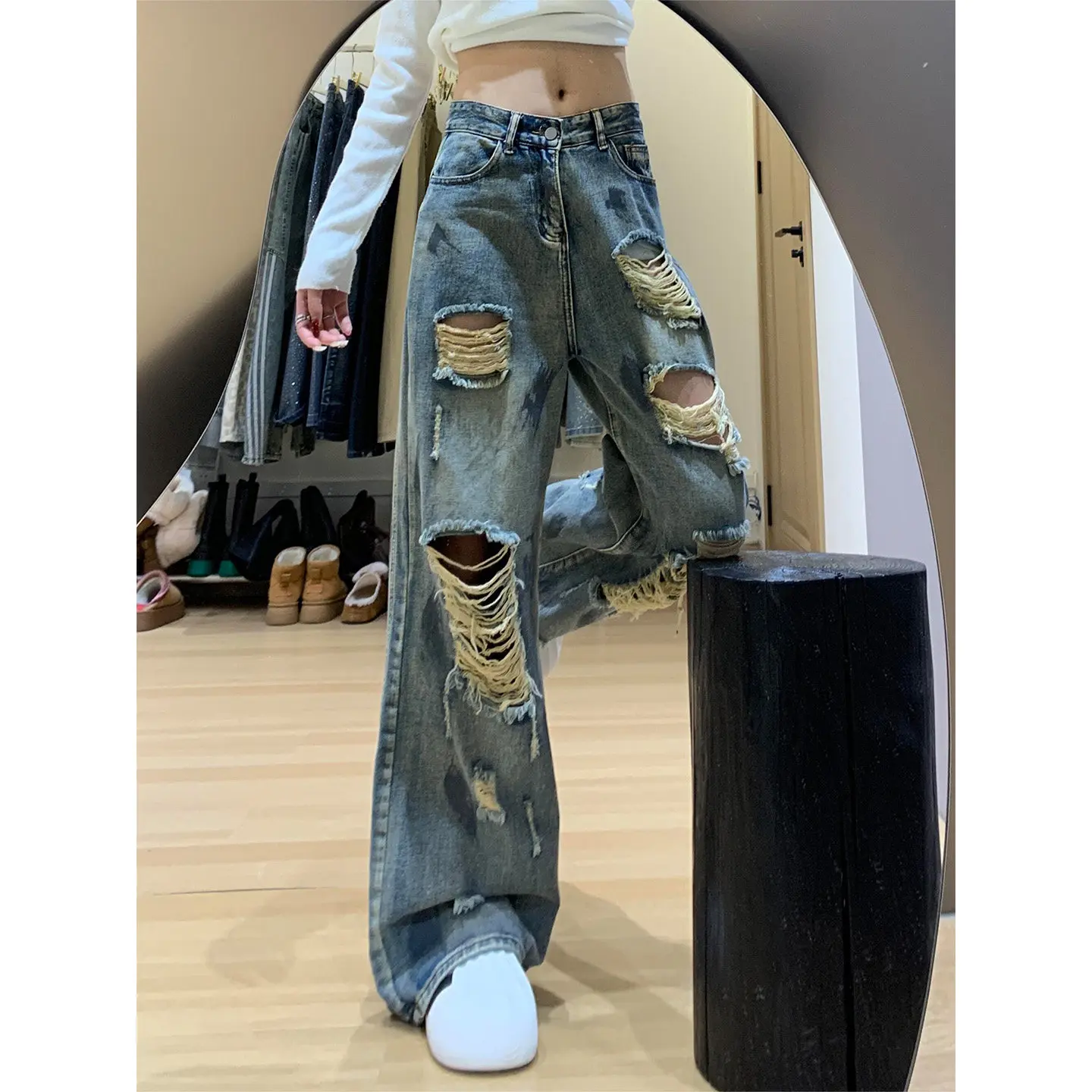 

Distressed Ripped Women's Jeans 2026 Spring American Style Tie-dye Wide Leg Pants Zipper Oversized Loose Spicy Girls Trousers