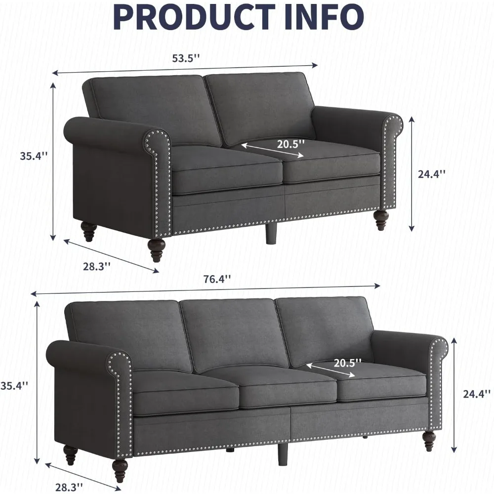 Современный секционный диван из 2 предметов с льняной обивкой и 5 толстыми подушками, отделкой гвоздями, мебель для гостиной, удобные сиденья