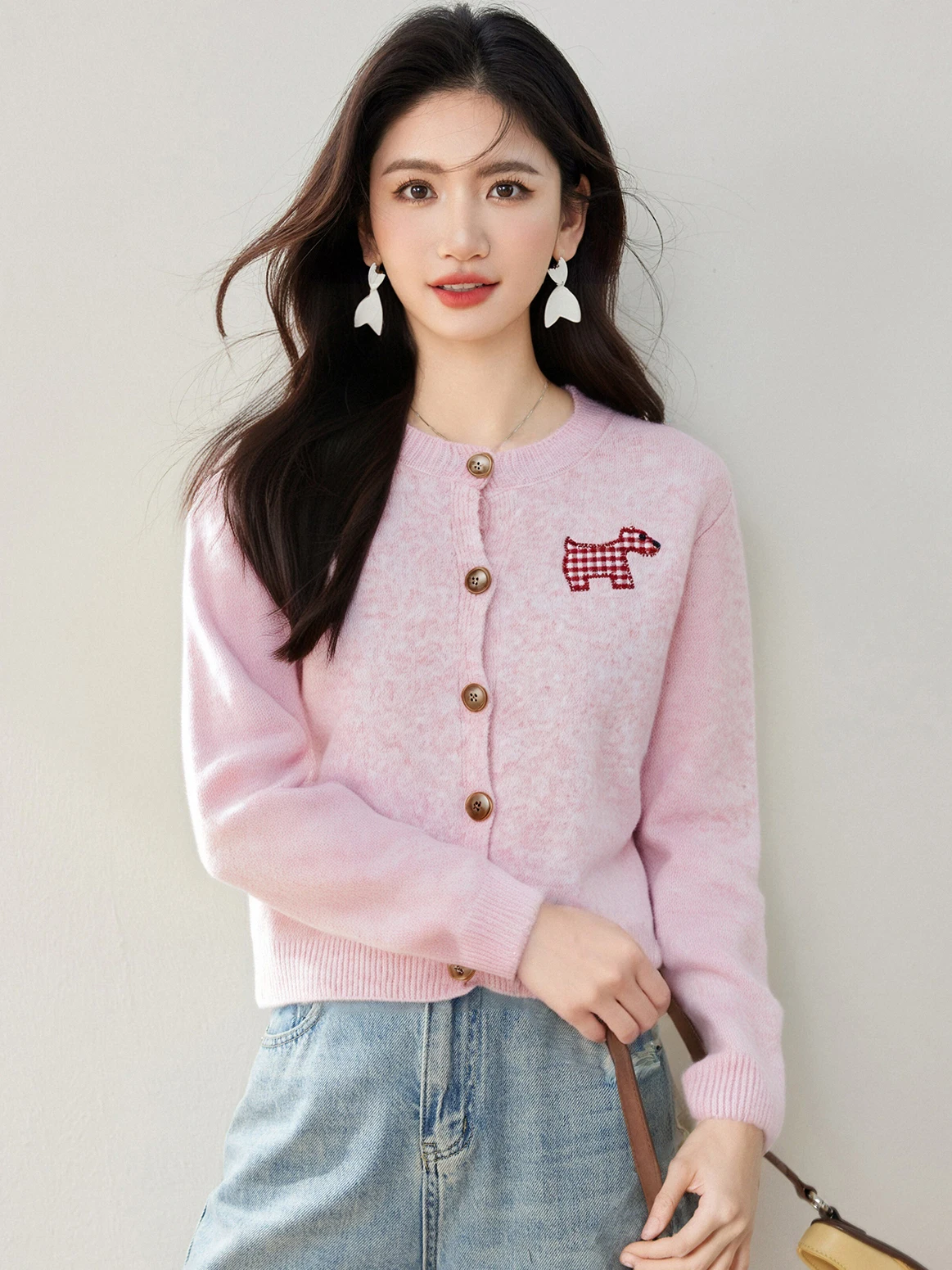 

Retro Embroidered Dog Button round Ne Knitted Open Cardigan Women's Spring Autumn Sweater For Women Light Outerwear