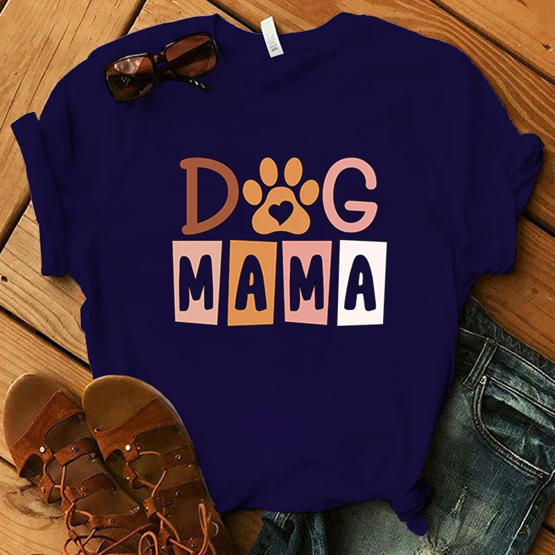 Dog Mama Printing T-Shirt Women Tees Round Neck T-Shirt