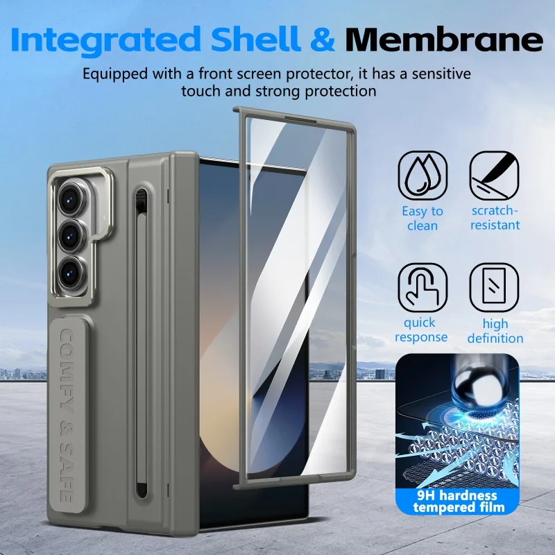 For Samsung Z Fold 8 Ultra Alloy Stand Wrist Strap Pen Slot with Stylus Tempered Glass Film Hinge Protection Shockproof Cover