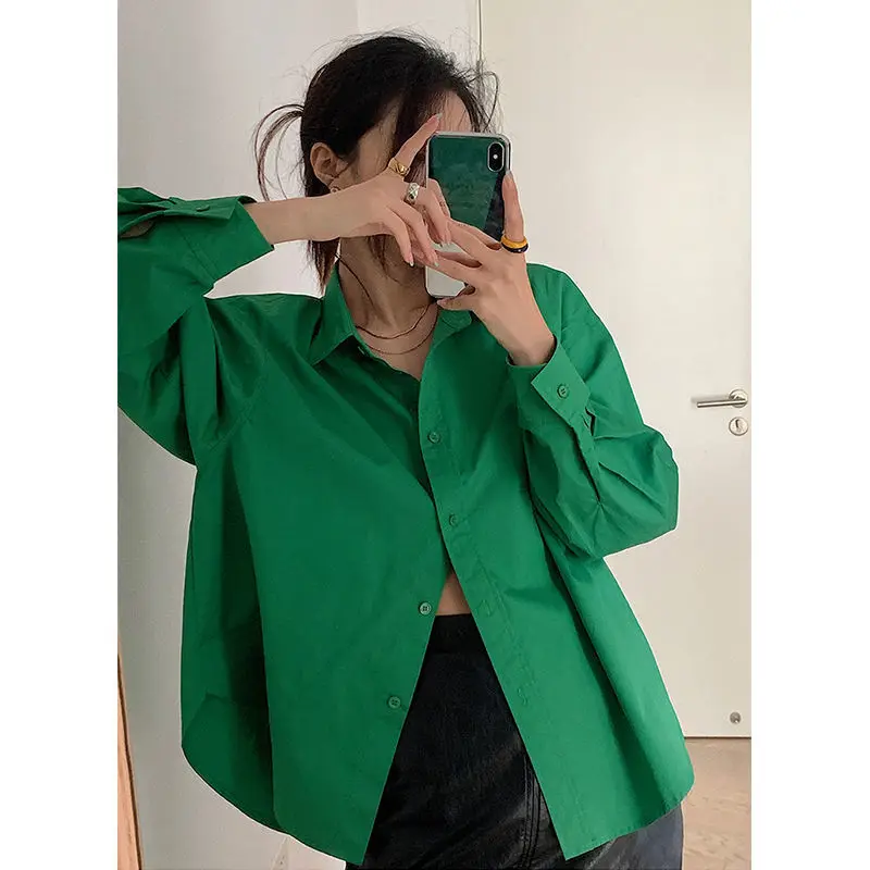 Spring New Green Loose Shirt Tops Ladies Long Sleeve Solid Color Simplicity Blouses Trend Korean Fashion Women Clothing