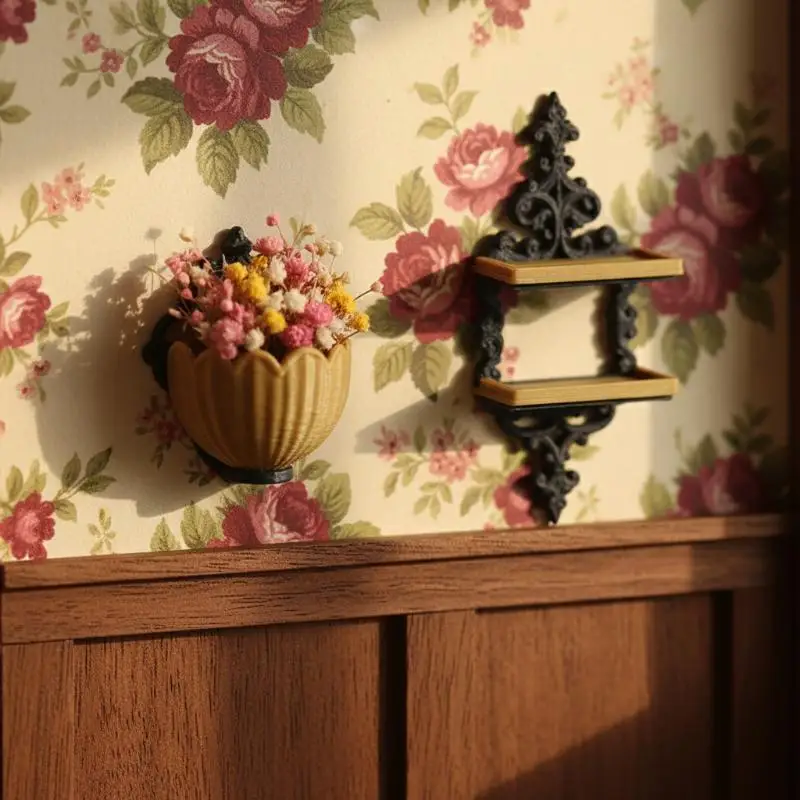 1Pcs Dollhouse Vintage Decor Shelf And Flower Basket Wall-Mounted Storage Rack 1/12 Scale Miniature Wall Decor For Diorama Scene
