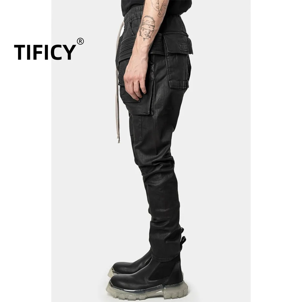 High Street Pants Men's Classic High Street Dark Style Brushed Wax Coating Double Ring Workwear Casual Loose Straight Leg Pants