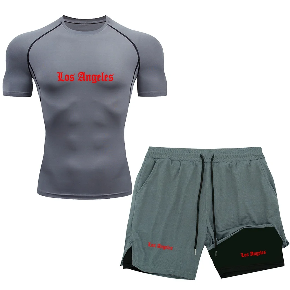 N Mens Los Angeles Letter Print Stretch Fitness T-shirt 2 in 1 Double Liner Shorts Sportswear Male Quick Dry Training Jogging Su