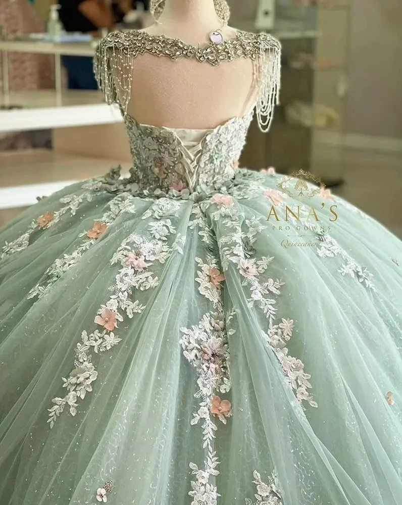 Verde menta charo Quinceanera abiti Ball Gown Sweetheart Tulle Appliques in rilievo messicano dolce 16 abiti 15 Anos