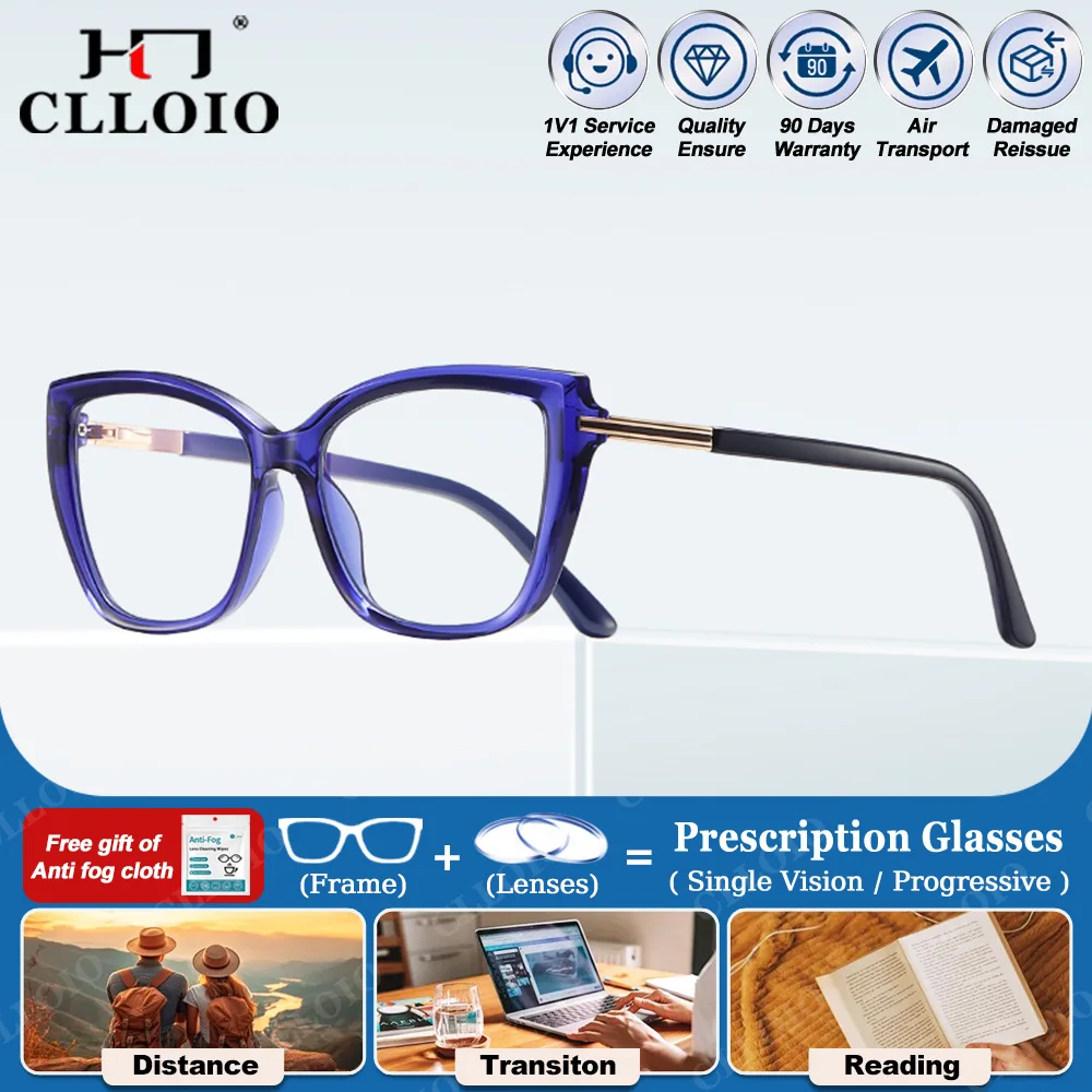 

CLLOIO Fashion Blue Light Blocking Myopia Prescription Glasses For Women Reading Progressive Photochromic Optical Eyeglasses