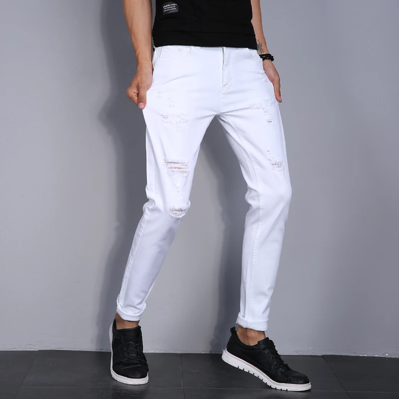 High Street กางเกงยีนส์ผู้ชายแฟชั่นสีขาวยืดหยุ่นยืดกางเกงยีนส์ Skinny ผู้ชายเกาหลี Ripped Designer Hip Hop Denim กางเกง Hombre