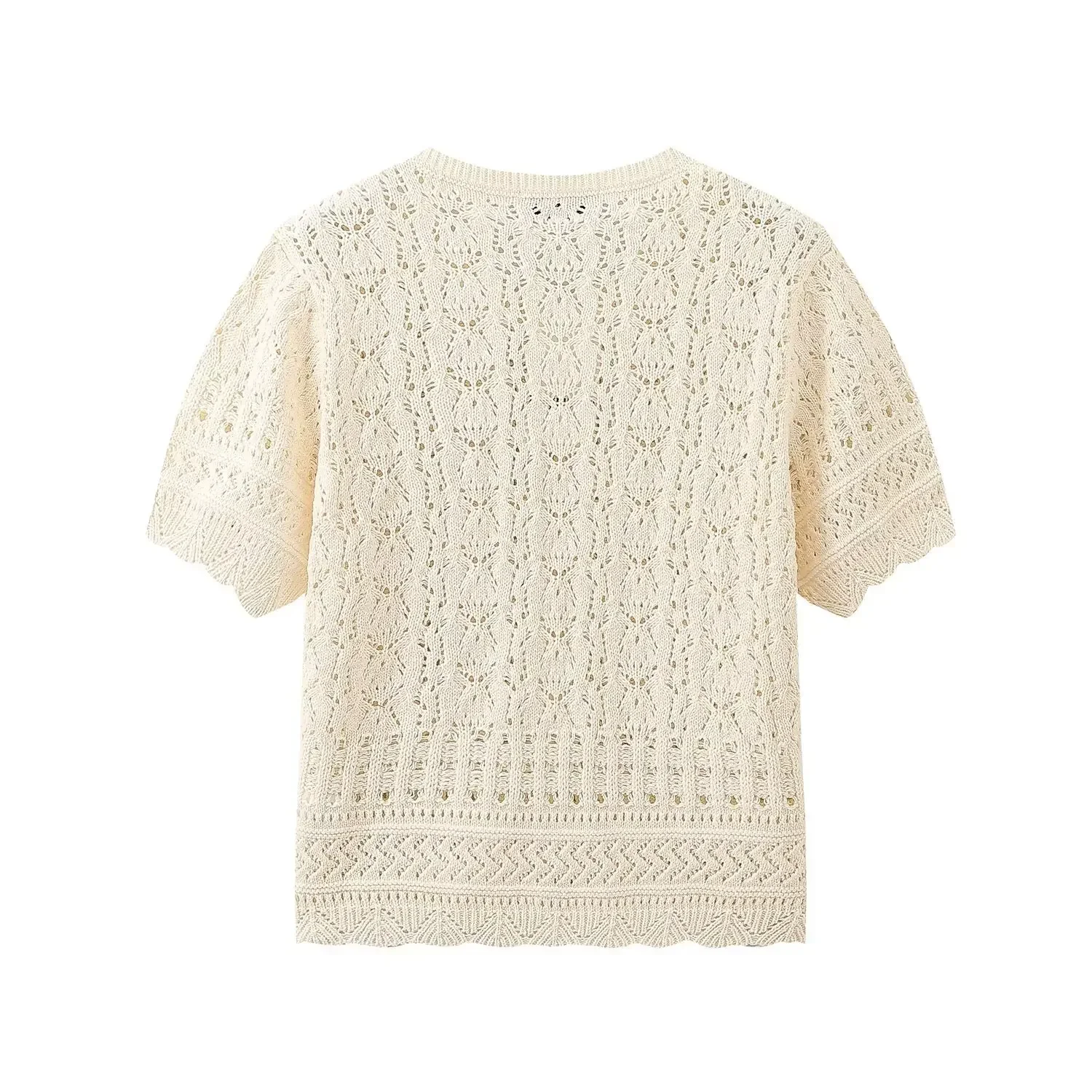 TRAF Women Summer Elegant Short-Sleeved Pearl-breasted Decoration Knitted Cardigan Jacket Women\'s O-neck Hollow Jacket 9598/123