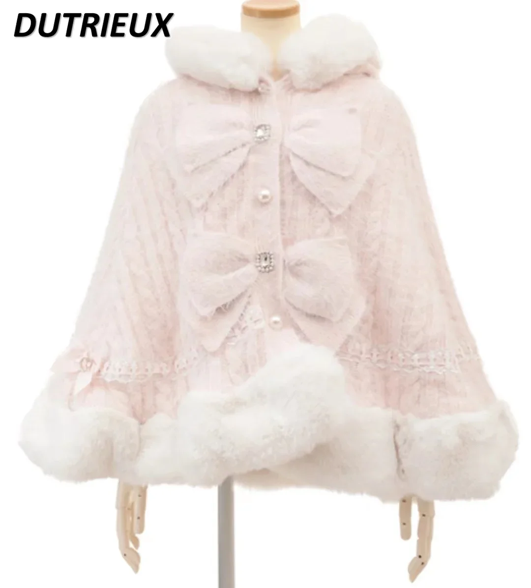 Japanese Style Sweet Cute Faux Rabbit Fur Cape Coat Women\'s Winter Hooded Single-Breasted Batwing Sleeve Sweater Cardigan