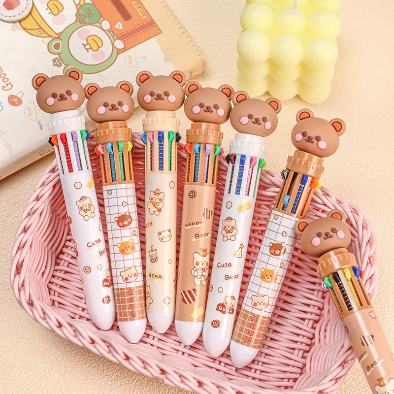 

Bear 10 Color Ballpoint Pen, Cute Cartoon Push Button Multicolor Pen, Student School Supplies for Writing Drawing Gift for Kids