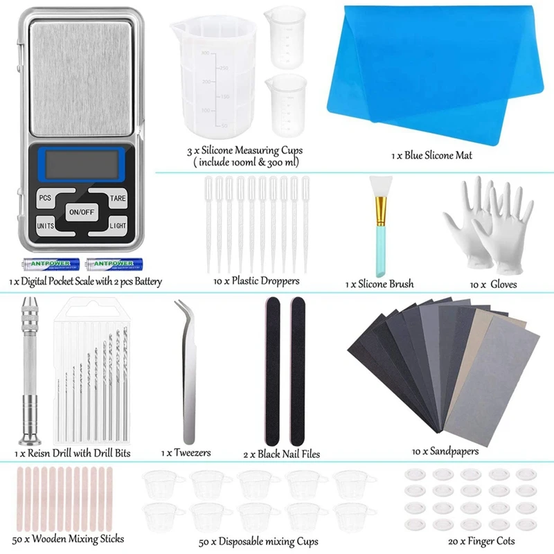 170Pcs Resin Tool Starter Kit, Epoxy Resin Tools With Silicone Sheet, Drill, Sandpapers, Pocket Scale, Mixing Cups