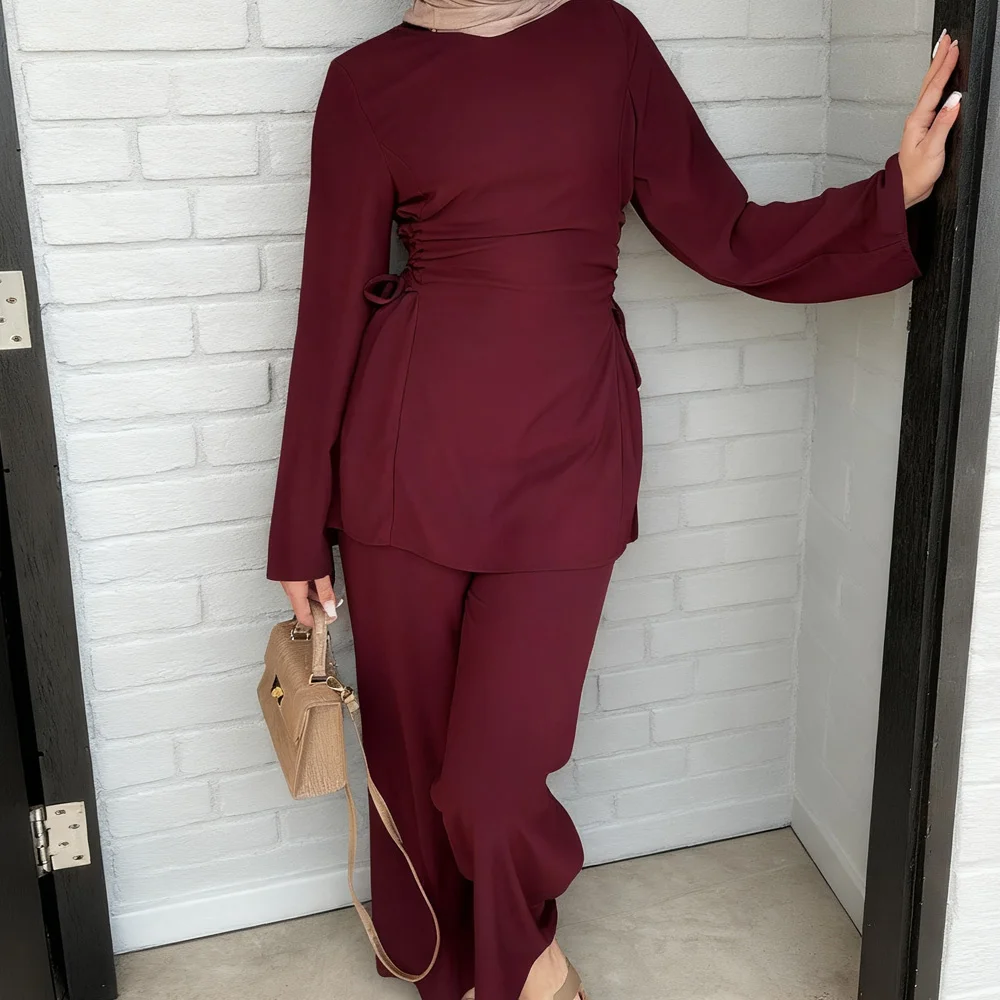 ชุดอีดสำหรับผู้หญิง ชุด 2 ชิ้น เสื้อผูกเชือกและกางเกง ดูไบ อบายา ตุรกี คาฟตัน ชุดมุสลิม ชุดสำหรับผู้หญิงมุสลิม