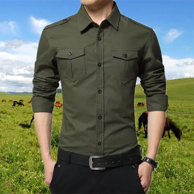 ربيع الخريف الزي العسكري قمصان الشباب غير رسمية الأعمال والتخسيس معطف الرجال القطن الخالص غير الكي قمصان طويلة الأكمام
