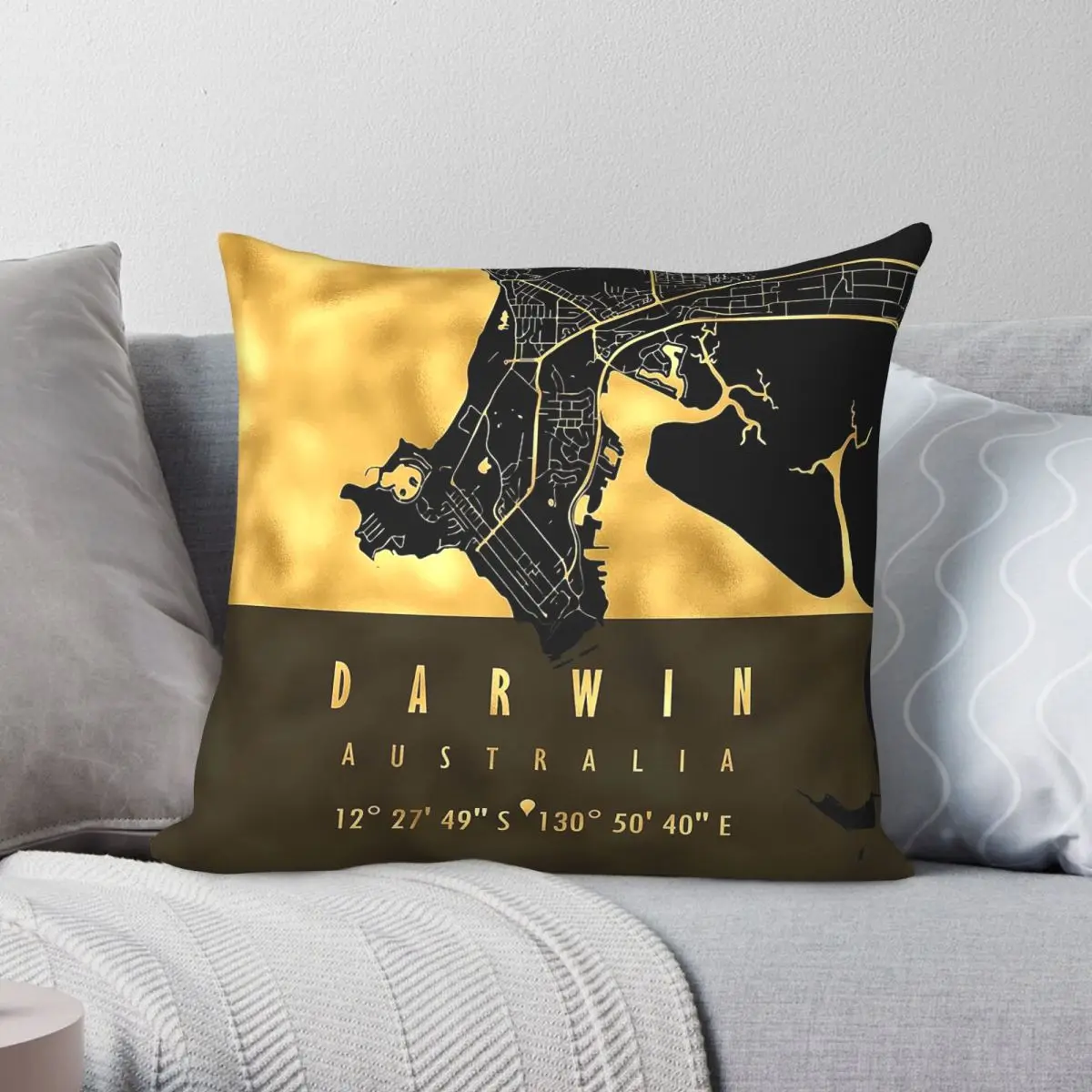 Darwin Map Australia Square Pillowcase Polyester Linen Velvet Printed Zip Decorative Throw Pillow Case Bed Cushion Cover